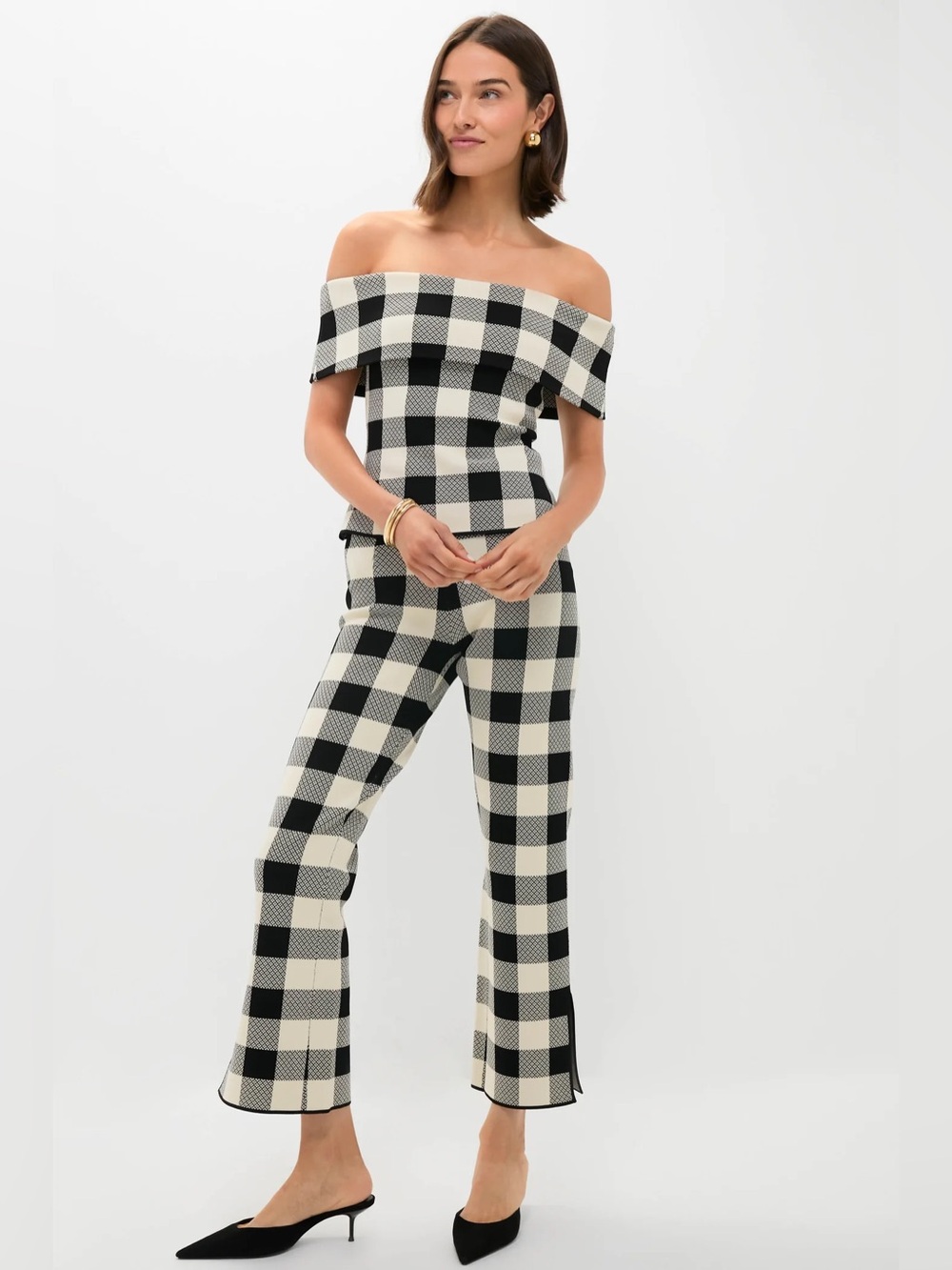 POSSE Pippa Off Shoulder Jacquard Knit top & matching checked flared pants